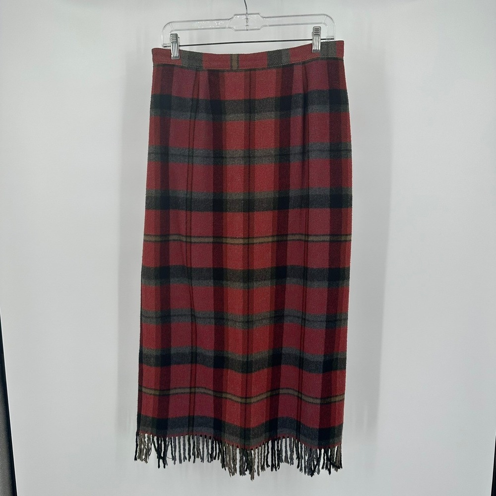 Womens Vintage Preppy Tartan Plain Maxi Skirt Sz 12 Fringe Heritage Academia 90s